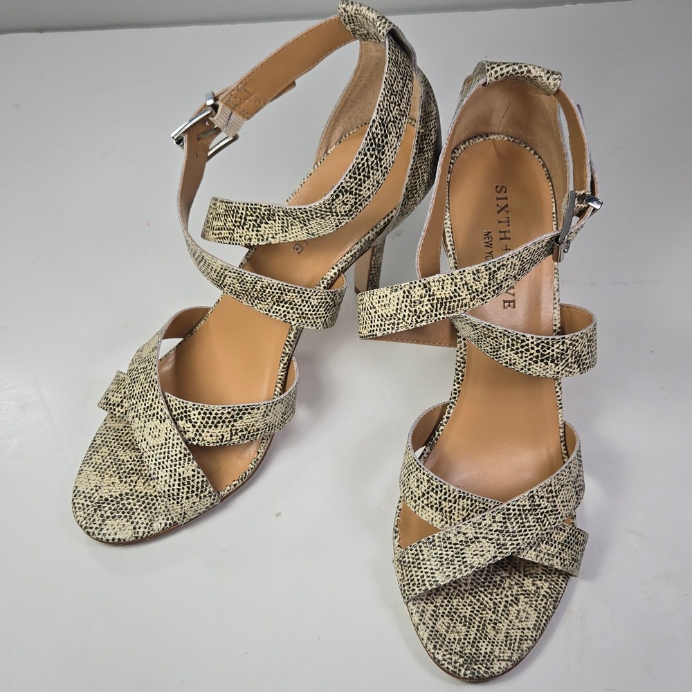 Sixth + Love New York Snakeskin Print Leather Strappy Heels Sandals Cream 9.5M